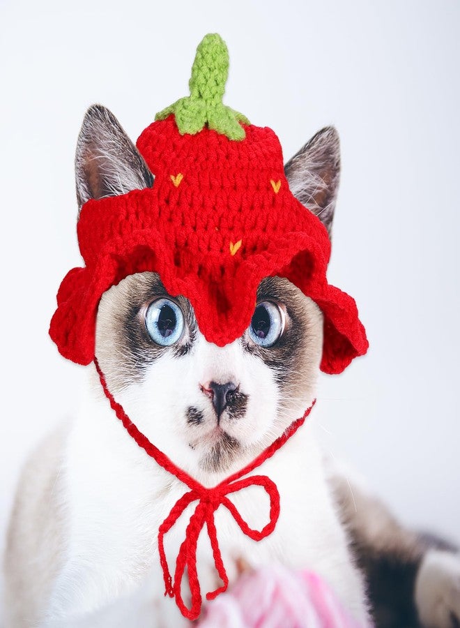 Qulkws Strawberry Cat Hat, Cartoon Strawberry Design Knit Hat, Cotton & Soft Cute Knitted Hats, Funny Strawberries Dog Costume, Cute Costume Accessory for Puppy, Kitten, Small Animals, with Adjustable Cord - Image 3